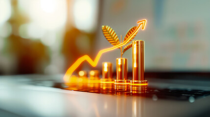 Poster - A golden growth chart displays increasing values along with green leaves, symbolizing sustainable progress, set against a modern office backdrop