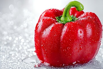 Aufkleber - The red hot bell pepper is close up with water drops on the background, a whole sweet pepper is used as an ingredient in food preparation.