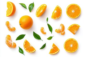 Poster - The orange flesh and slice pieces are isolated on a flat background with a citrus tropical fruit in the foreground.