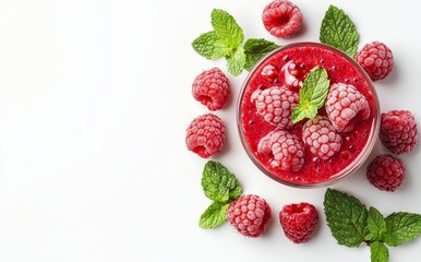Poster - Red raspberry smoothie with piles of fruit and green leaves on background, healthy refreshing drink.