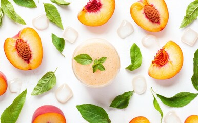 Poster - Isolated on green background, Peach fruit smoothie juice is viewed from the top with pieces of peach and green leaves surrounded by glass.