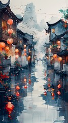 Chinese ink Jiangnan water village illustration poster background