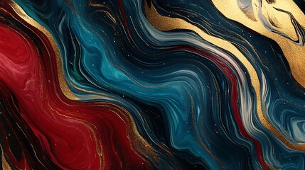 Poster - A marble-effect 4k wallpaper with dynamic swirls of black, gold, red, and teal, enhanced by a liquify effect