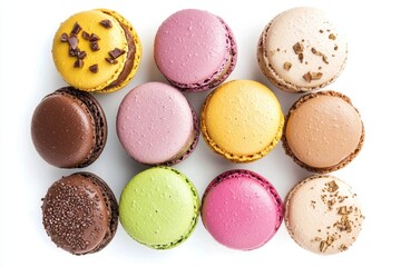 Poster - Assorted macaroons in flat lay, with different flavors assorted on background.