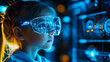 © Peachaya - A young girl wars VR glasses, engaged in an online educational experience. The concept of the future of learning, technology in education, and immersive virtual reality for kids. Generative AI.