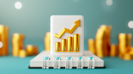 Poster - The image features a white cube with a golden upward graph, representing financial growth, set against a soft-focus background of golden bars