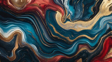 Poster - 4k wallpaper with a liquify marble effect, blending black, gold, red, and teal into swirling, abstract patterns