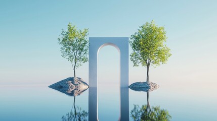 Canvas Print - Abstract Surreal of mirror glass arch reflecting a mountain with golden trees and metallic balls on pastel dunes in front of a lake.