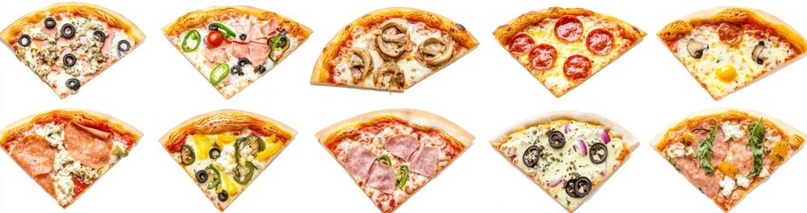 Poster - Various flavor pizza slices with different toppings isolated on a white background.