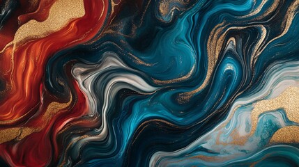 Poster - 4k wallpaper with swirling marble textures, featuring liquified black, gold, red, and teal colors in an abstract design