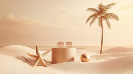 Poster - Summer beach and sea holiday with podium displays and cute elements to show product. Minimal background for banners and mockups.