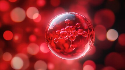 Close-up of a red molecule structure floating in a blurred background, representing scientific research and molecular biology.