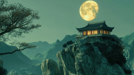 Wall Mural - Mountaintop Zen Temple in the Moonlight