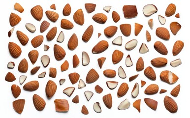 Poster - Isolated almond nuts in whole and broken pieces with a background of fresh, raw almonds that are high in protein and fiber.