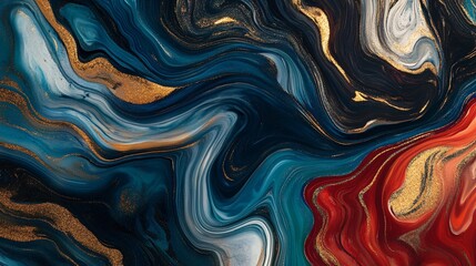 Poster - 4k wallpaper with a liquify effect, creating luxurious marble-like patterns in black, gold, red, and teal colors