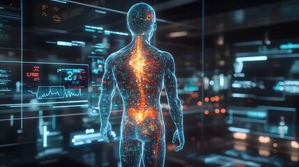 Wall Mural - 4. **visualize a holographic human body with an overlay of glowing data and statistics, showcasing a