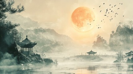 Wall Mural - Zen landscape painting in the moonlight