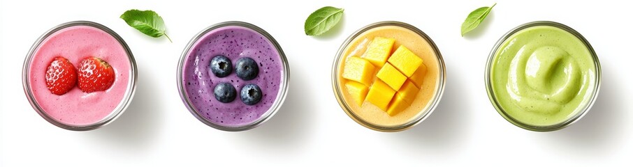 Poster - Various fresh fruits smoothies in a glass for refreshment isolated on a white background. Summer drinks and juices.