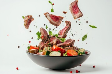 Poster - On a white plate, a mixed salad with beef beef cubes with broccoli, peppers, and chili falling in the air is isolated.