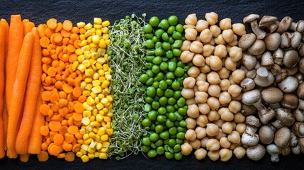 Poster - A vibrant food collage with chickpeas, green sprouts, carrots, corn, peas, beans, and mushrooms on a seamless black background