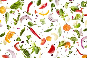 Poster - On a white background, fresh green salad with lettuce, tomato, cucumber, and other vegetables is falling from the sky.
