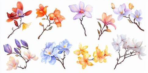 Poster - This is a beautiful set of decorated twigs with small colorful flowers and leaves with a spring meadow background.