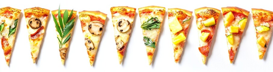 Poster - The topping on different slices of pizza is isolated on a white background. Fast food that looks delicious and is high in calories.