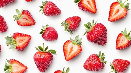 Poster - Isolated flat view of fresh red strawberries, a summer fruit for refreshment. Fresh berries with high vitamin content.