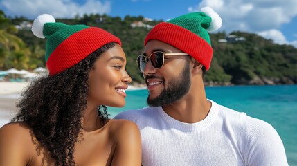 A man and woman are sitting on a beach, both wearing Santa hats. They are smiling and looking at each other