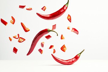 Poster - Isolated image of a red hot chili with slices falling in the air, with herbs and spices as cooking ingredients.