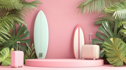 Poster - Decorative summer elements for summer beach background with podium or pedestal, 3D render.