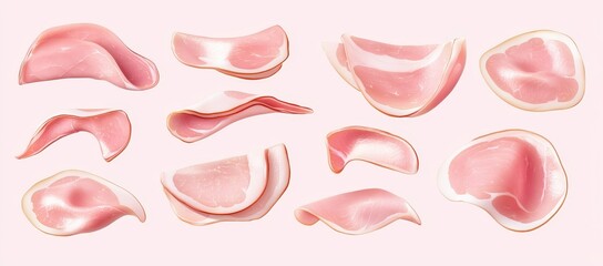 Poster - An isolated set of boiled slices of ham on a white background, a fresh breakfast or appetizer ingredient.