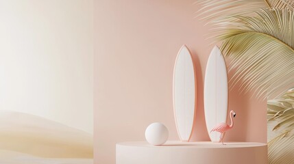 Sticker - White empty display podium with pink inflatable flamingo, surfboard and beach ball on summer beach shore background.