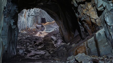 Wall Mural - A dimly lit, rugged cave with sediment and jagged rocks, leading to a distant light source; a journey through darkness into light.