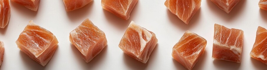 Poster - The raw fish menu for salmon Sashimi slices, with filet salmon cubes isolated on the backdrop.