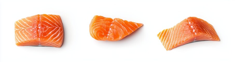 Poster - Isolated on white background, salmon or trout fillet fish collection, popular fish for steak menus, high protein and nutrients.