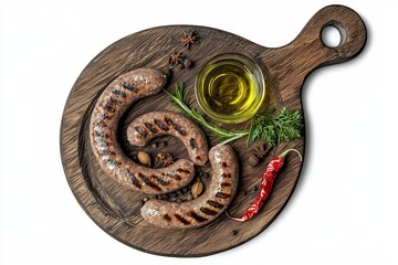 Poster - Grilled sausages on a wooden plate with herbs and spices isolated on white background.