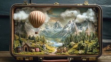 Wall Mural - Frontal view of an open suitcase revealing a detailed forest diorama with a hot air balloon, outdoor gear on grass, mountains, clouds, and fantasy art-style photo cards.