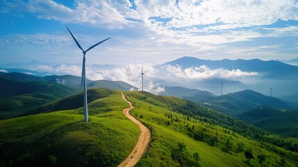 Wind turbines on a mountaintop with a blue sky and clouds.