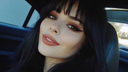 Wall Mural - photo selfie in a cabrio, woman with long black hair and short bangs, strong make up and big eyeliner, posted on instagram, smiling, 