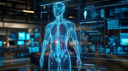 Wall Mural - 9. **create a holographic human body in a medical training setting, with emphasis on detailed anatom