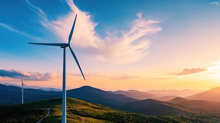 Wind turbines stand tall against a scenic sunset backdrop, symbolizing renewable energy and a sustainable future.