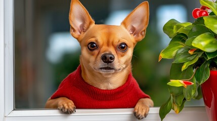 Wall Mural - A small brown dog is wearing a red sweater and looking out the window. The scene is cozy and warm, with the dog looking out at the world beyond the window