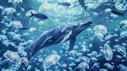 A whale swims serenely among hundreds of glowing jellyfish in an enchanting underwater world, illuminated by gentle, shimmering light.