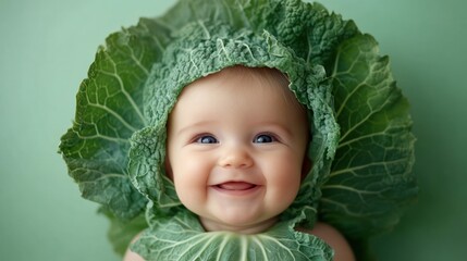 Smiling Baby Wearing a Cabbage Hat