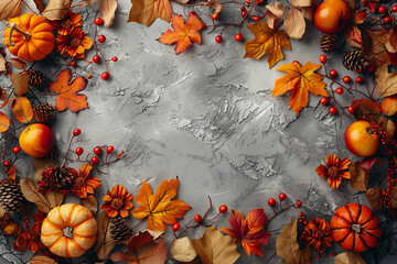 Wall Mural - pumpkins, autumn leaves, berries, and pine cones on a dark background