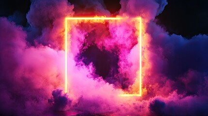 Wall Mural - A dramatic cloud formation illuminated by vibrant pink and yellow fluorescent light, encircled by a neon frame in a dark environment.