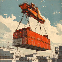 Wall Mural - A shipyard crane lifting large containers onto a vessel.