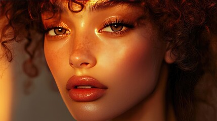 A glamorous beauty shot with warm sunset tones highlighting the model's makeup. The glow enhances the natural warmth and radiance of the skin.