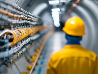 Wall Mural - A worker in a tunnel, wearing a helmet, inspecting complex electrical wiring in a safe environment with low light.